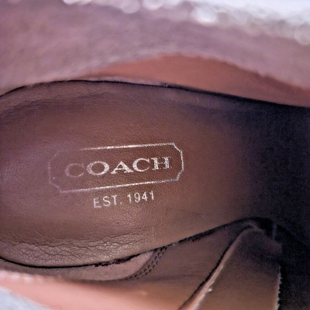Coach Salene Taupe Suede Ankle Booties Stiletto Heel Logo Medallion 5B Chic